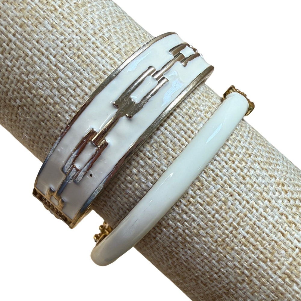Classic Preppy Cream Enamel Gold Tone‎ Hinge Bangle Bracelet Bundle Lot of 2
